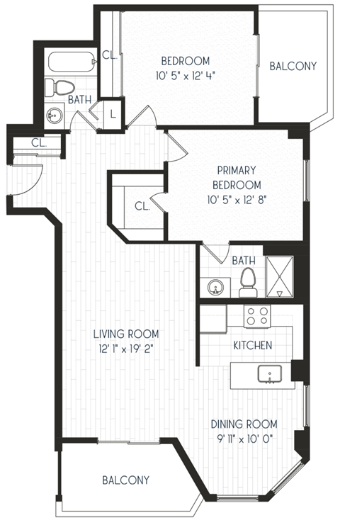 a floor plan of a bedroom apartment with a living room and a dining room